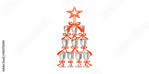 Champagne glass christmas tree with red bows and star topper