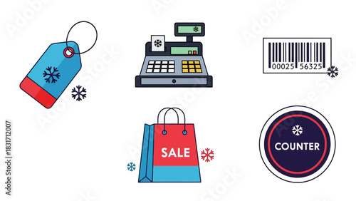 Winter Retail Essentials Icon Set with Minimal Decorative Snowflakes