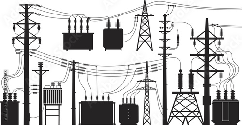 Collection of Silhouettes of Electrical Transformers and Power Line Towers electricity pylon