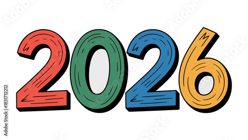 2026 Typography: A vibrant, hand-drawn illustration featuring the bold numbers '2026', rendered in a spectrum of vivid colors against an unspecified background, signifying a pivotal year.