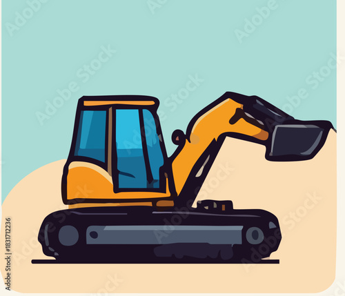 Flat Yellow Excavator facing right with tosca and cream background