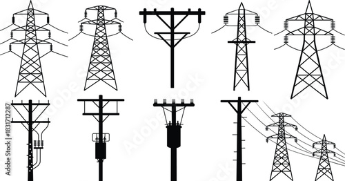 Collection of various electricity pylons and power poles silhouettes transmission
