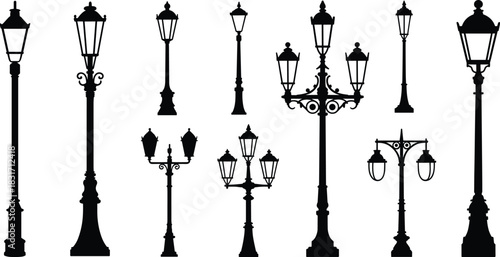 Collection of vintage and modern street lamp silhouettes on white background lamp post lamppost