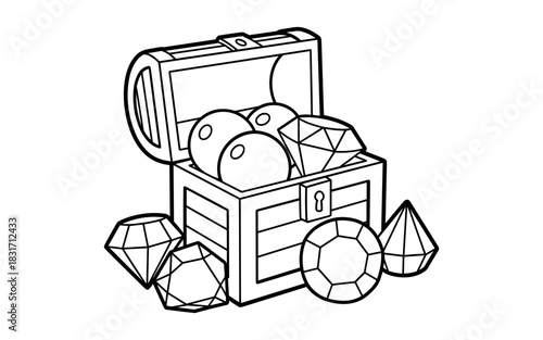 Treasure chest with gems and jewels in simple black and white line art style