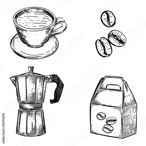 Coffe set vector line art hand drawn illustration