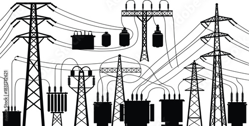 Complex network of high-voltage electricity towers and transformers in silhouette power line transmission