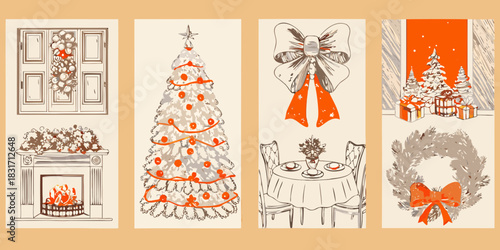 Festive holiday sketches christmas tree wreath fireplace and elegant dining