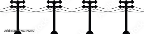 Four black silhouette utility poles with wires and insulators on a white background electricity power