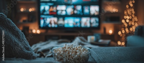 Cozy Evening Movie Night with Popcorn and Christmas Tree Lights.