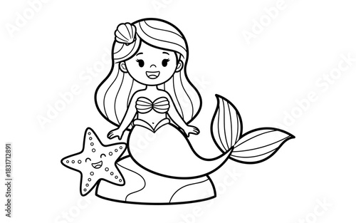 Cute cartoon mermaid with starfish for kids coloring activity
