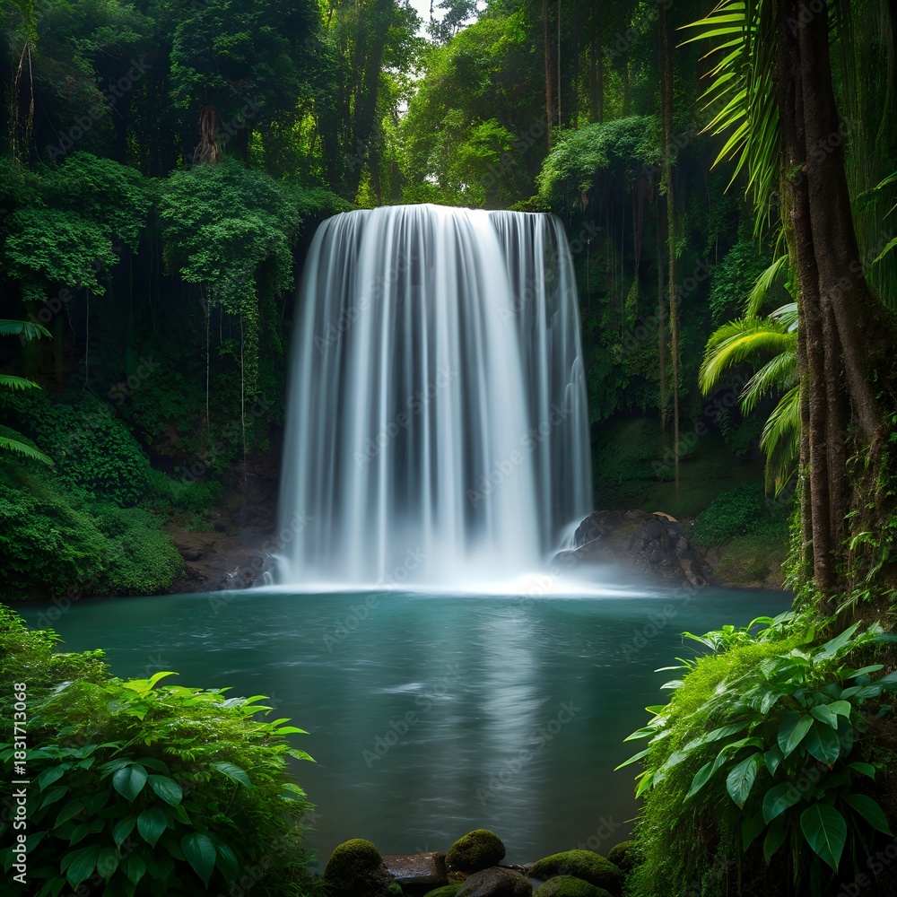 Obraz premium Majestic Jungle Waterfall With Crystal Clear Pool and Lush Green Forest