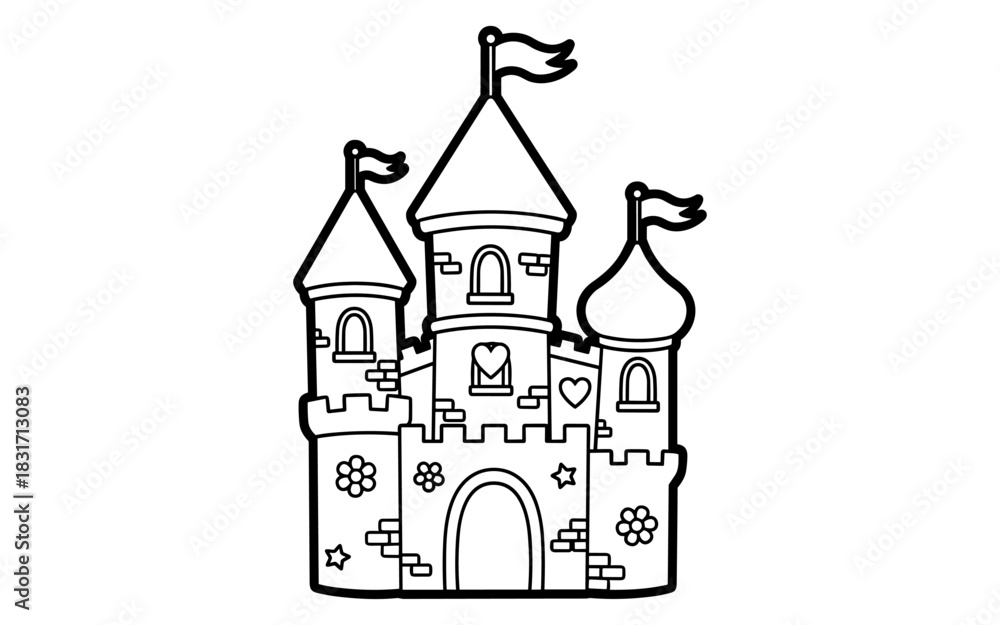 Naklejka premium Charming linear castle drawing with towers and flags for kids' art projects