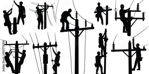 Collection of Electrician Silhouettes Working on Utility Poles power line electricity