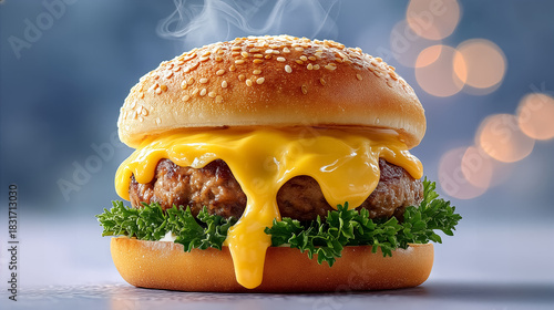 Cheeseburger oozing melted cheese with crisp lettuce nestled in toasted sesame seed bun. Warm and inviting setting with soft blurred lights. Concept of fast food, restaurants, dining