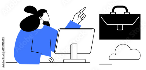 Woman pointing at screen, black briefcase, cloud element. Ideal for work strategy, technology, business planning, cloud storage, presentations career success teamwork. Simple flat metaphor