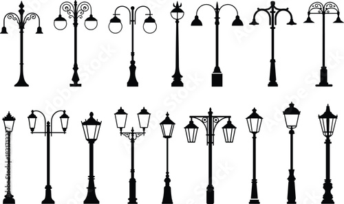 Ornate and classic black silhouette street lamp designs on a white background lamppost light post