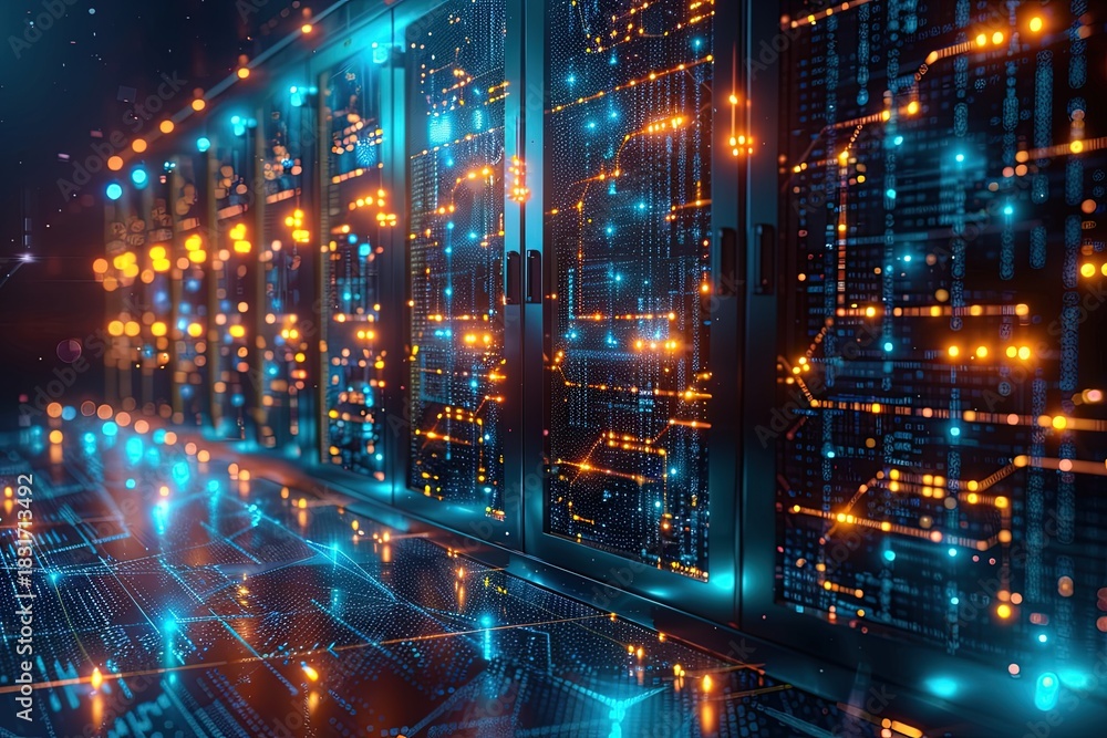 Obraz premium A modern data center illuminated with vibrant blue and orange lights, representing cutting-edge technology, digital connectivity, and advanced computing.