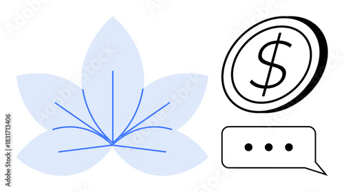 Lotus flower with blue lines represents growth and clarity, paired with a dollar coin and chat bubble symbolizing financial communication. Ideal for economics, finance, business, success