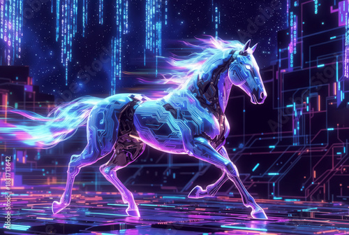 generated art. fiery electric cyber horse
