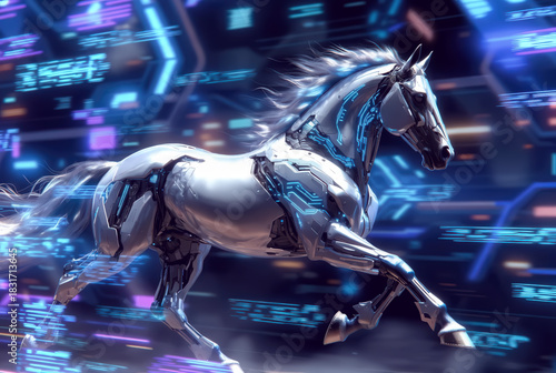 generated art. fiery electric cyber horse