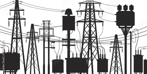 Silhouette of an Electrical Grid with Power Towers and Transformers power transmission electricity