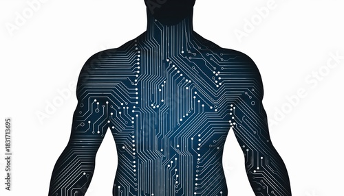 Silhouette of a human body filled with intricate electronic circuit board patterns on white background