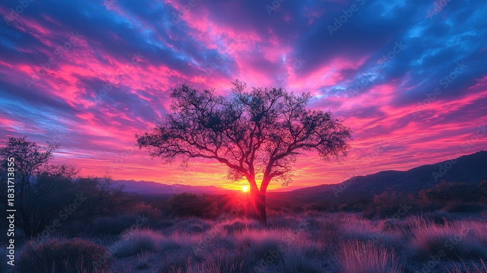 Obraz premium Dramatic Sunset Over Desert Landscape With Silhouetted Trees