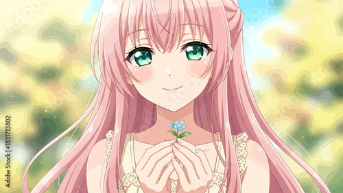Anime Girl With Pink Hair Holding Blue Flower Outdoors