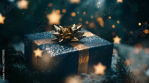 Festive Gift Box With Golden Ribbon And Star Shaped Bokeh Lights In A Dark Winter Forest Scene