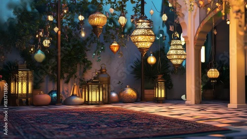 Exotic Courtyard Adorned With Ornate Moroccan Lanterns At Dusk Illuminated By Warm Golden Light