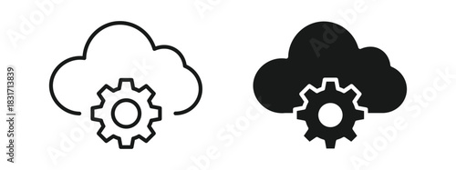 Cloud settings icon set in outline and silhouette style, representing cloud computing, system configuration, and digital services, vector illustration.