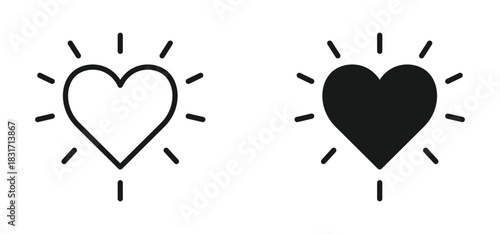 Shining heart icon set in outline and silhouette style, representing love, favorites, and emotional connection, vector illustration.