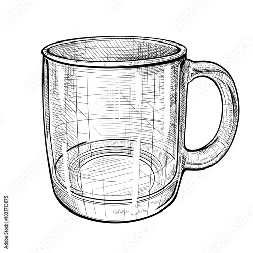 Vector hand drawn illustration of a transparent cup for tea or coffee in engraved style. Mug for hot drinks. Glass household kitchen utensils. Black and white sketch isolated on white background