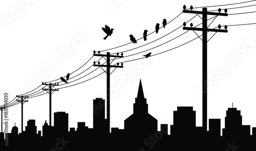 Silhouette of birds perched on power lines above a city skyline electricity