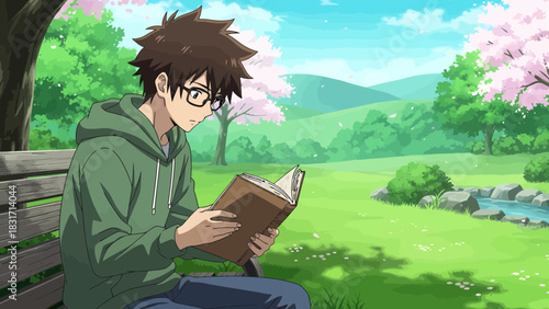 Anime Style Young Man Reading Book In A Park Scene