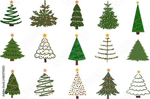 Christmas tree doodle style line art drawing outline set vector illustration