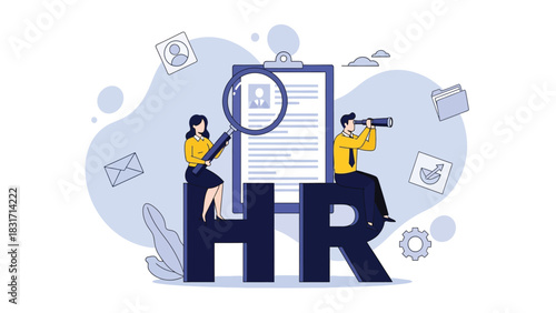 HR Human Resources Recruitment and Talent Acquisition. Business professionals using magnifying glass and telescope to search for top candidates and examine resumes. Vector illustration.
