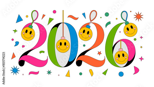 Festive 2026: The joyful new year illustration, the upcoming year design. Featuring the happy balls. A vibrant and cheerful display of joy and optimism for the upcoming year.