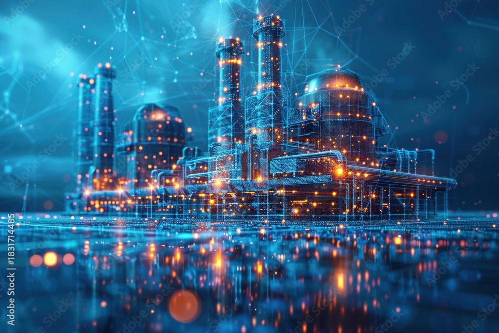 Obraz premium A striking image of a futuristic industrial complex bathed in vibrant neon lights, set against a deep blue-tinted background. The scene evokes a sense of technological advancement and urban dynamism.