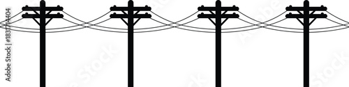 Silhouette of four electricity poles with wires against a white background power line transmission