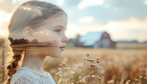 Young girl with braided hair in profile double exposure effect with a farm landscape and red barn