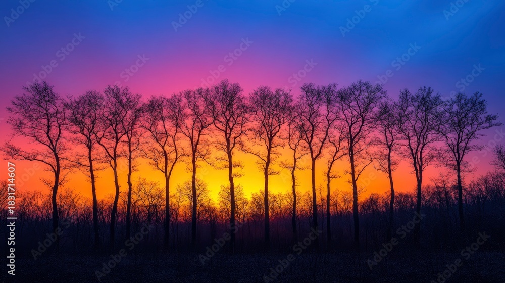 Fototapeta premium Dramatic Sunset Over Silhouetted Trees in Desert and Forest Landscape