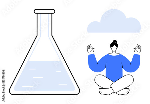 Laboratory flask filled with liquid next to person meditating in yoga pose beneath a cloud. Ideal for topics on balance, mindfulness, wellness, science, mental health, innovation, and growth. Simple