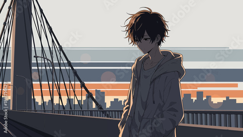 Pensive Anime Style Boy On Bridge Gazing At City Skyline