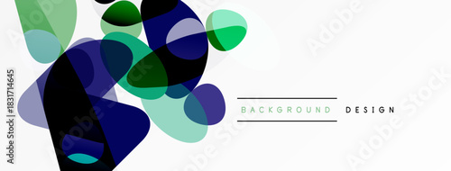 Abstract shapes overlap, creating dynamic visual effect. Blue, green hues dominate composition. Minimalist design suitable backgrounds.