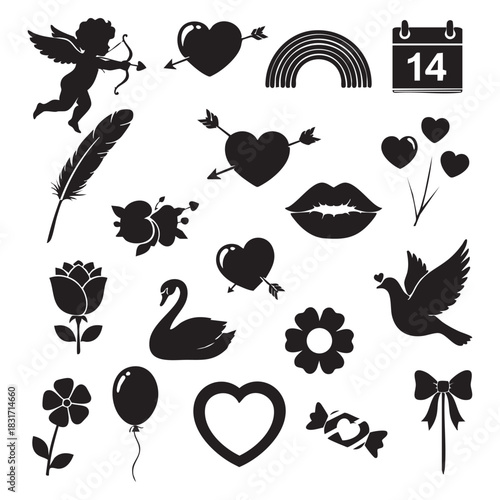 Amazing valentine's day elements set silhouette vector art illustration