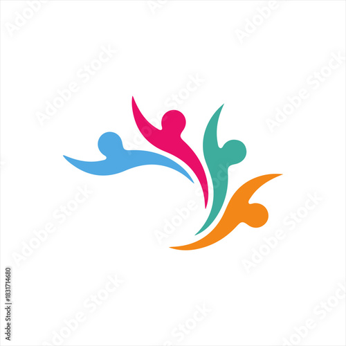 Colorful abstract figures representing teamwork and community celebration