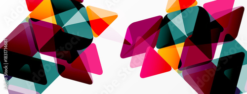 Abstract composition featuring overlapping colorful triangles. Shapes create dynamic visual texture, vibrant hues dominate design.