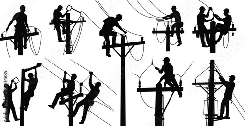Silhouettes of electricians working on utility poles and power lines utility worker electricity
