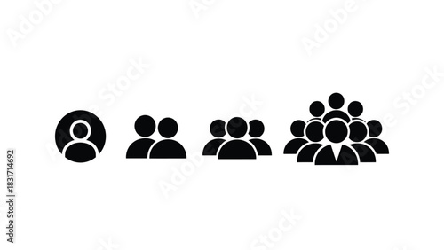 User and People Group Icons Set. Black silhouette vector illustration of profile, duo, team, and crowd symbols for social media, interface, and community design.